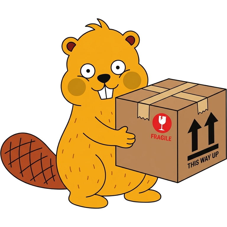 Buddy the golden beaver carrying a moving box