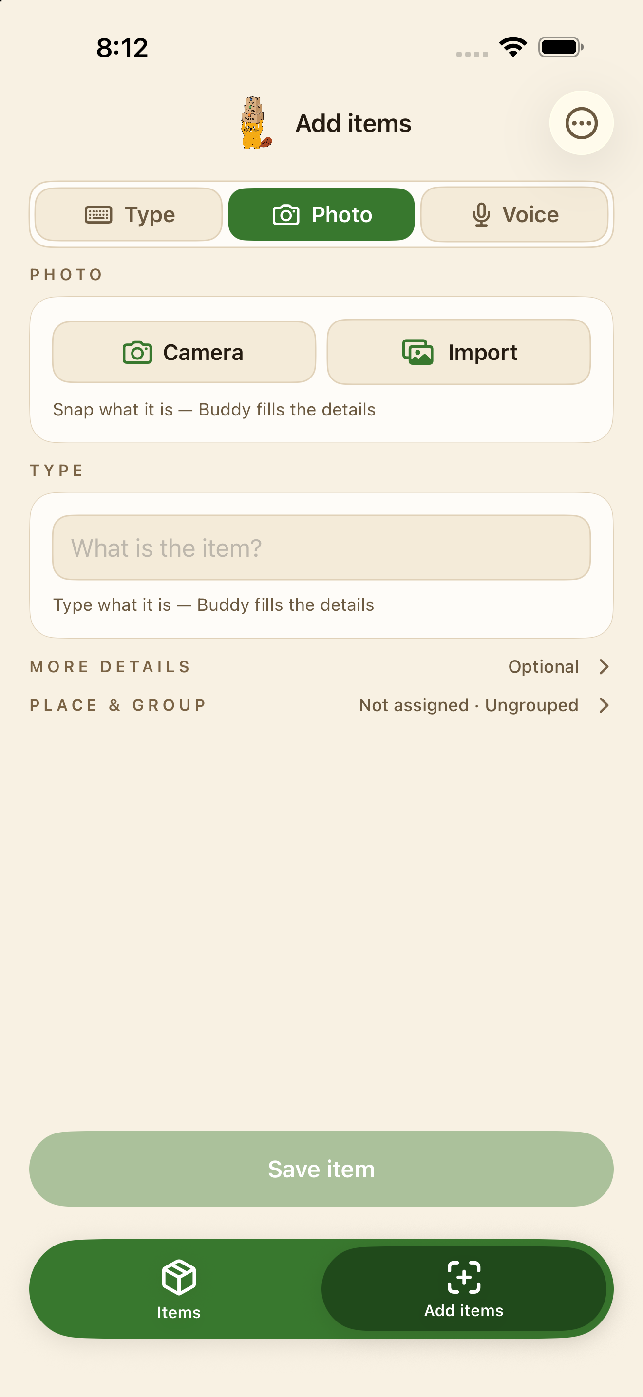 My Moving Buddy Add items screen with Photo, Type it and Voice options