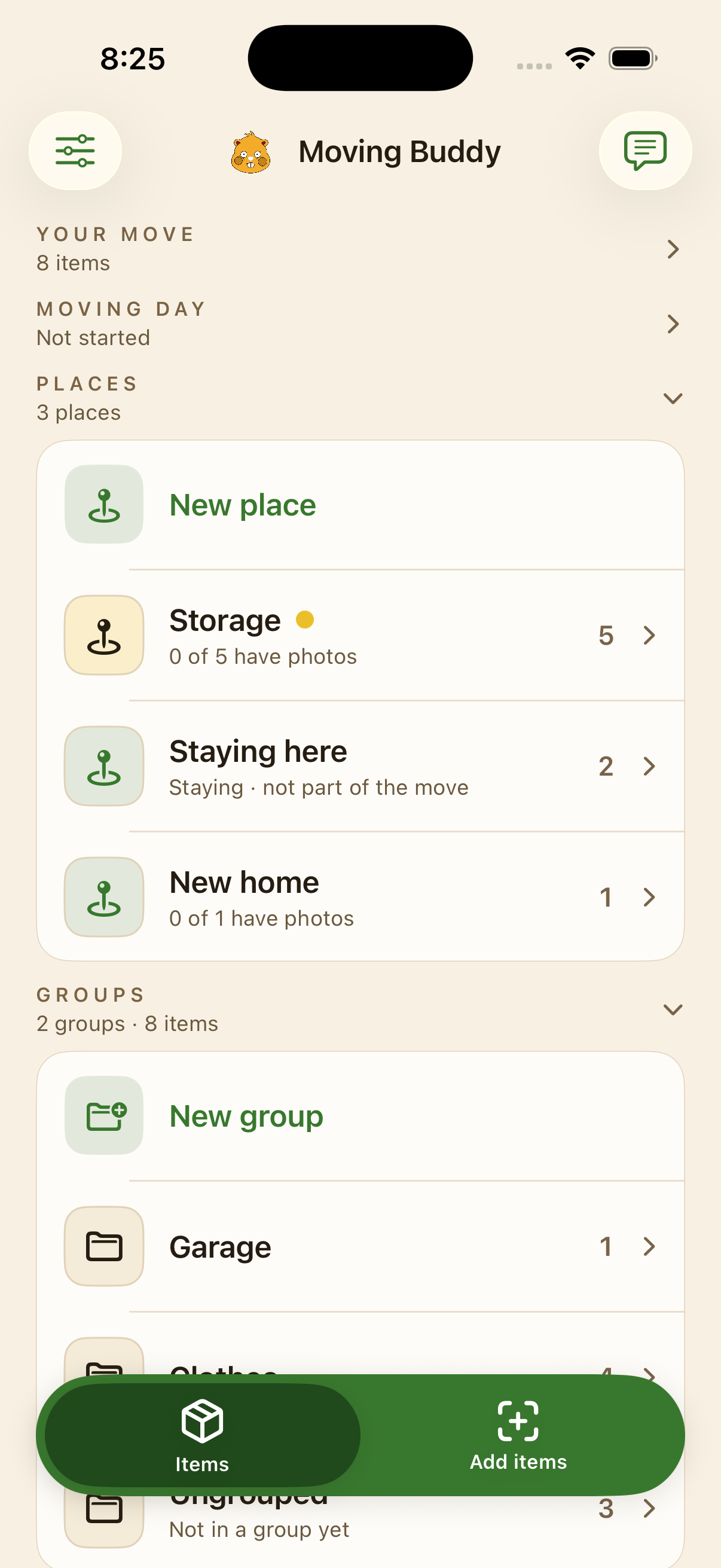 My Moving Buddy inventory with Your move, Moving day, Places and Groups